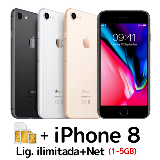 IPhone8+Chip (Lig.ilimitada+Net 1GB a 5GB)