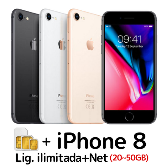 IPhone8+Chip (Lig.ilimitada+Net 20GB a 50GB)
